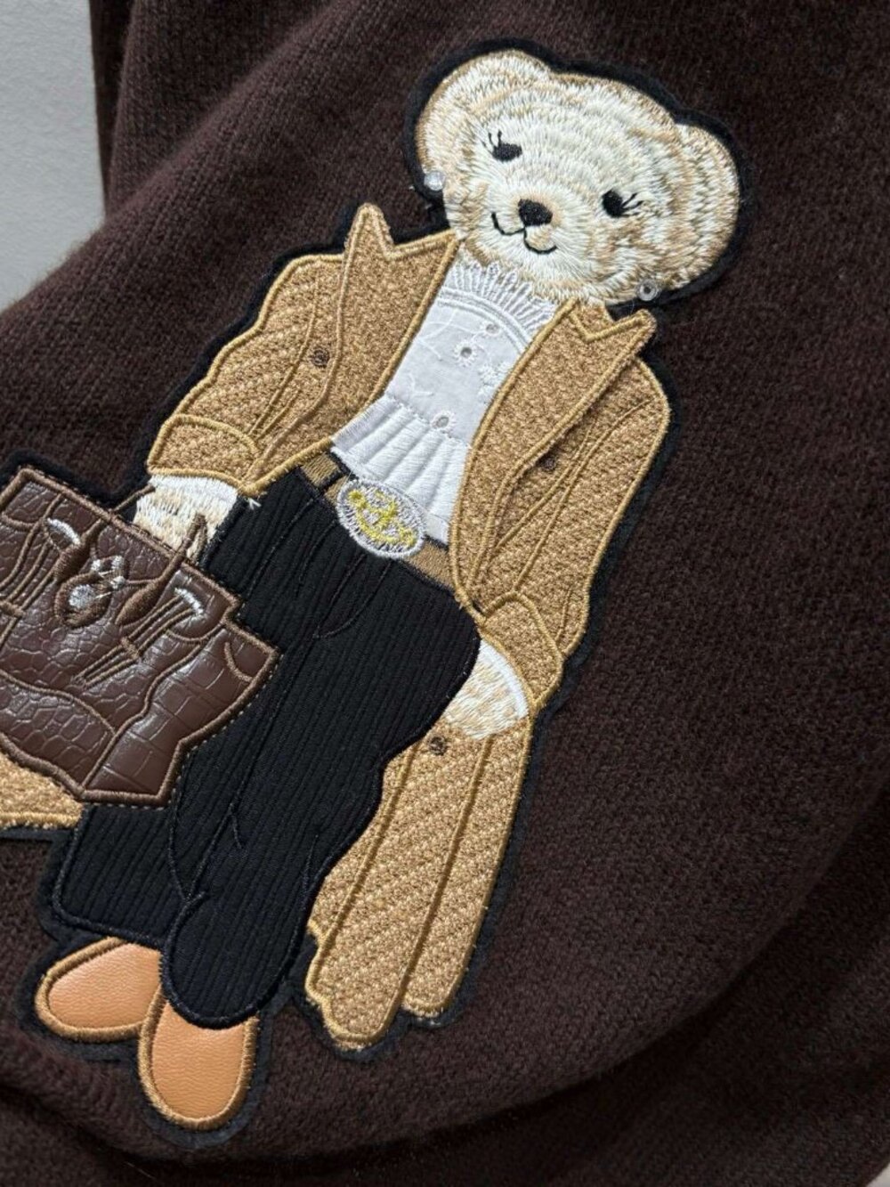 Polo Ralph Lauren Dark Brown Lady Polo Bear Embroidered Crewneck Knit Sweater - Picture 6 of 7